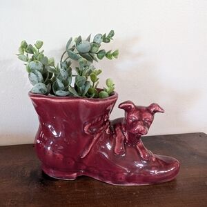 Vintage 1940s-50s Shawnee Pottery Dog on a Boot Planter | Maroon Red USA Cottage